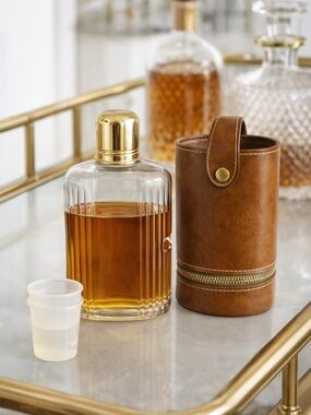 Vintage Glass Liquor Flask Travel Case Mid Century Barware